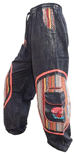 Gheri Mens Aztec Pocket Loose Fit Mushroom Embroidery Parachute Cargo Bohemian Pants Black S/M