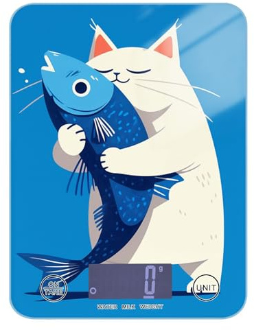 Piccola bilancia per alimenti a forma di gatto bianco, impermeabile, per cucina, 5 kg/5 g, bilancia digitale con 4 unità per cuocere la perdita di peso (batterie non incluse)