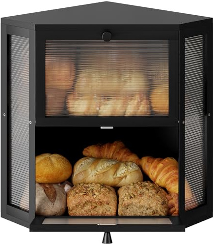 WOWLIVE Corner Bread Box for Kitchen Countertop, Double Layer Bamboo Bread Storage Container, Large Farmhouse Bread box with Acrylic Wavy Door Panel, Under Cabinet Organizer (Black, Extra Large)