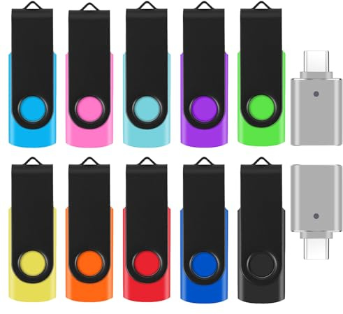 WesData 10 Pack 4GB Flash Drives with 2 USB C Adapters, Thumb Drive, Memory Stick Compatible with PC, Laptops, Mac and Adapters for USB C Devices (10 Mixed Color)