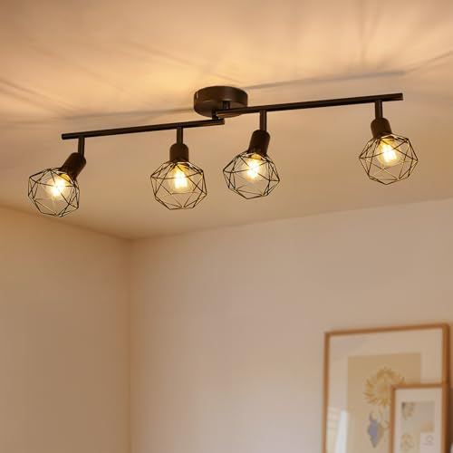 Gr4tec Spot Lights Ceiling 4 Way, Retro Kitchen Lights Ceiling E14, Black Ceiling Light Fittings, Adjustable Wire Cage Spotlights Bar for Hallway Bedroom Living Room, Bulb Not Included