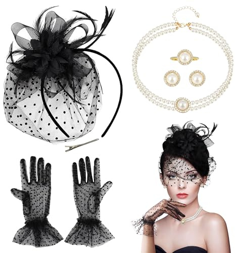 PYSEOSISE Fascinator da Donna, 5 Pezzi Cappello Fascinator Set, Vintage Cappelli Fascinators Neri con Guanti Collana Girocollo Orecchini per Feste Chiesa Matrimonio Banchetto