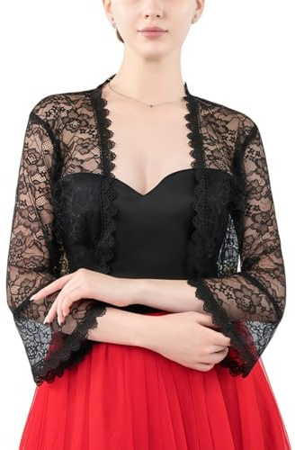 RuiChy Boléro en Dentelle pour Femme Elégant Broderies Floral Manches 3/4 Cardigan Court Châle pour Robe de Soirée Chic Décontracté Veste Ouverte pour Mariage Fête Tous Les Jours (Noir)