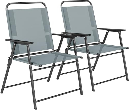 Outsunny Set di 2 Sedie da Giardino Pieghevoli, Sedie da Pranzo Esterno con Seduta in Rete, Schienale Alto e Braccioli, Sedia da Esterno per Patio, Balcone, Spiaggia, Grigio