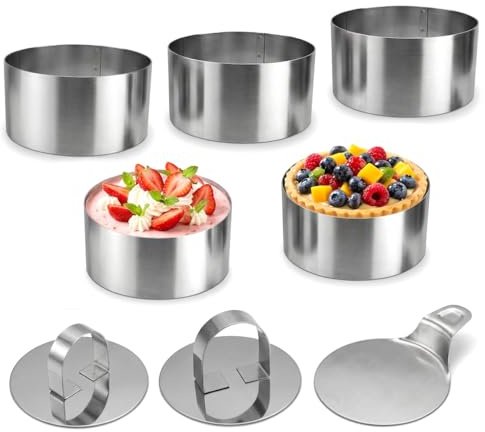 8 PCS 8cm Stainless Steel Non-Stick Reusable Cake Rings Set with 5 baking rings 2 Food Presses Spatula for Mousse Pastry Cheesecake Eggs Pancakes Dessert Baking DIY Home Kitchen Mould Oven Safe
