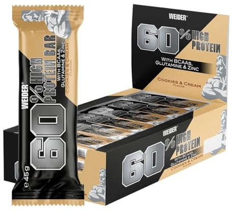 Weider Barra de Proteína 60%, Sabor Galletas con Crema -Pack de 24 Unidades x 45 g - Total: 1080 g