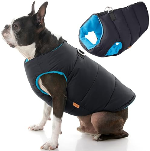 Gooby - Gepolsterte Weste, solide, Hundejacke, Mantel, Pullover mit Reißverschluss und Leinen-Ring, einfarbig, schwarz, Größe S | Fleece-gefütterte, isolierte Wärme. Step-in-Reißverschluss hinten, D-Ring-Leine, wasserabweisend, maschinenwaschbar