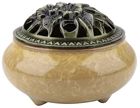 Hilitand Keramik Räuchergefäß, Keramik Räuchergefäßhalter mit Messing Kalebasse Porzellan Räuchergefäß für Zuhause Teehaus Ornament(Amber Yellow)