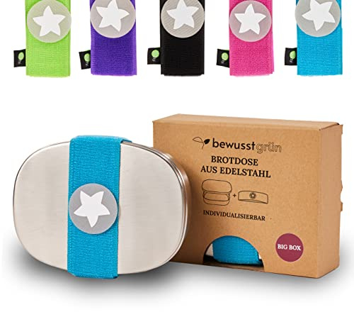 BewusstGrün Edelstahl-Brotdose für Kinder mit Fächern I BigBox DottyBox®-System mit Klettband in Türkis I Personalisierte Brotdose für Kindergarten und Schule