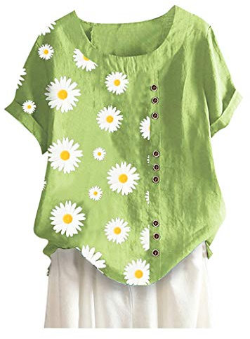 YEBIRAL 2020 Neu Damen Leinenblusen Frauen Sommer Herbst Übergröße Print Tshirts Gänseblümchen Druck Kurzarm Rundhals Oberteile Lose Tunika Tops Bluse (A-Chrysantheme-Grün, XXL)