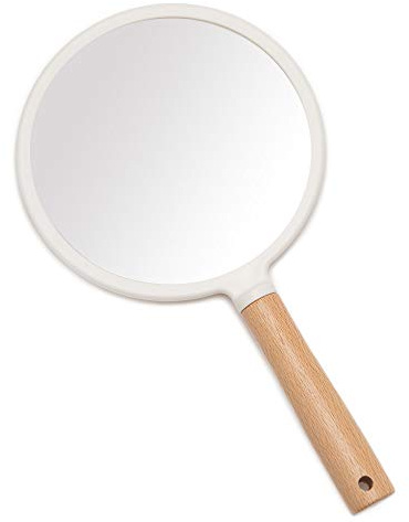 YEAKE Specchio a mano con manico per trucco, piccolo specchio in legno carino per rasatura con foro da appendere su un lato, portatile, da viaggio, per uomini e donne (rotondo)