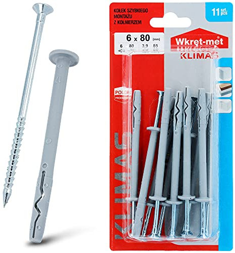 KLIMAS® Dübel Schrauben Set 11 Stück Kragendübel Schlagdübel Ø 6mm x 80mm mit Senkkopfschrauben PZ-2 | Nageldübel Schraubenset Betondübel Porenbeton Dübel mit Kragen Einschlagdübel Universaldübel