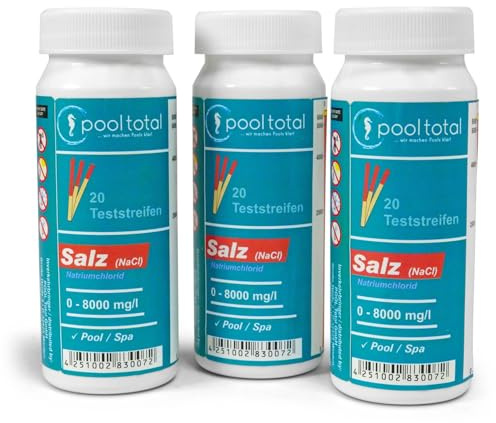 POOL Total Salz Teststreifen Pool - 60 TestStrips zur Messung von Salz (NaCl) 0-8000 mg/l - Für Salzelektrolyse Poolwasser Analyse - Vakuumverblistert für lange Haltbarkeit