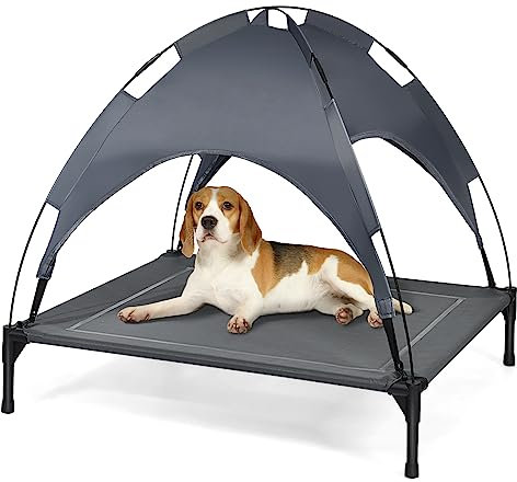 GYMAX Hundebett, erhöhtes Haustierbett mit abnehmbarem Verdeck, Hundehütte mit wetterfeste & atmungsaktive Stoffe, Hundeliege für Hunde & Katze (90x81x86 cm)