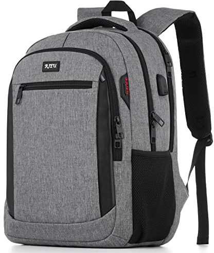 RJEU Sac à dos pour ordinateur portable de voyage, d'école avec port de charge USB pour homme, femme, garçon, fille, gris, 15.6 inch