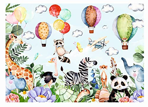 Tiere Fototapete - Safari Dschungel Giraffe Elefant Afrika Luftballons PelikanTierfreunde im Wald Vliestapete Kinder Tapeten XXL-Größe