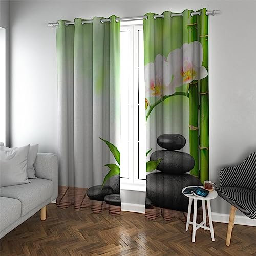 Grüne Bambusvorhänge 2 Paneele Set für Wohnzimmer Schlafzimmer Licht reduzierende Vorhänge Öse Raum Verdunkelung Schwarz Zen Steinmuster 200x120cm