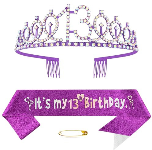 13ème anniversaire couronne et écharpe pour fille cristal reine tiare princesse couronne violet 13e anniversaire écharpe 13e anniversaire couronne anniversaire écharpe d'anniversaire filles décoration