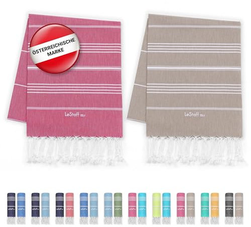 LeStoff 2er-Set Hamamtuch 95 x 180 cm - 100% Bio-Baumwolle, Vorgewaschen, Nachhaltig, Saugstark & Schnelltrocknend, Reisehandtuch, Campinghandtuch, Badetuch, Saunatuch, Strandtuch (Fuchsia + Beige)