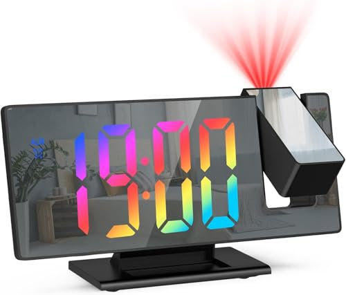 OQIMAX Projection Alarm Clock, Colorful Alarm Clocks Bedside with 7.8 Inches Mirror Screen, Digital Alarm Clock with 180° Projector, USB Charging Port, 4 Adjustable Brightness, Snooze, Date for Home