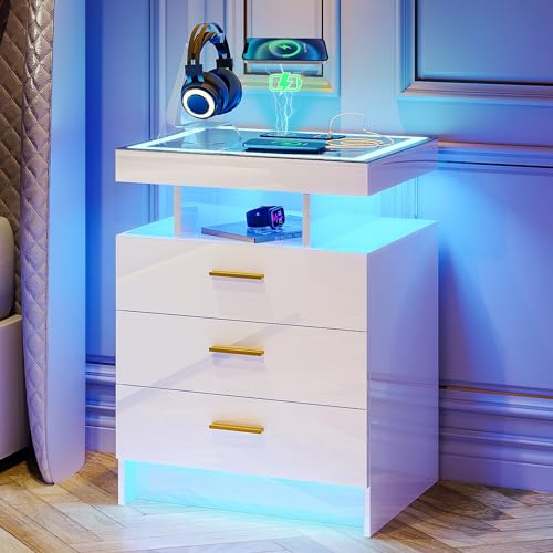 Led Nachttisch mit Ladefunktion und 3 Schubladen für Schlafzimmer Weiß | Smart Nachtschrank mit 3 Licht Dimmbar und USB Type-C Automatischer Sensor