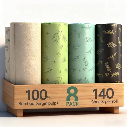 Bamboo Kitchen Roll 8-Roll 2-ply Large Size Eco-Friendly Kitchen Towels Paper Towels Green Sustainable Household Paper Plastic Free Naked Paper Unbleached Drying Hands Absorbing Oil Napkin Substitute