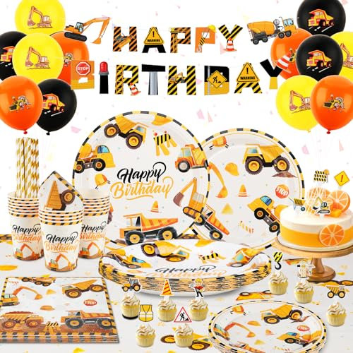 Bagger Baustelle Partygeschirr Kindergeburtstag Set 16 Gäste Bagger Geburtstag Deko Baustelle Kindergeburtstag Pappteller Tassen Servietten Tischdecke Banner Bagger Baustelle Deko Kindergeburtstag