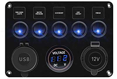 MUEOSI Interrupteurs à Bascule Voltmètre numérique Panneau d'interrupteurs à Bascule, for Double USB 12 V Étanche Voiture Marine Bateau Camion Accessoires Tableau électrique(Blue)