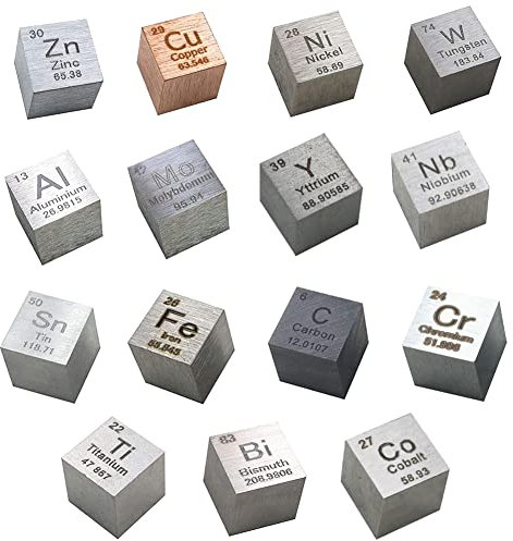 Metall Elemente Würfel,Element Würfel Element Cube – Set mit 15 Würfeln mit Metalldichte, einschließlich Zink, Zinn, Kupfer, Eisen, Aluminium, Kohlenstoff, Titan, Nickel, Molybdän, Wismut und Wolfram
