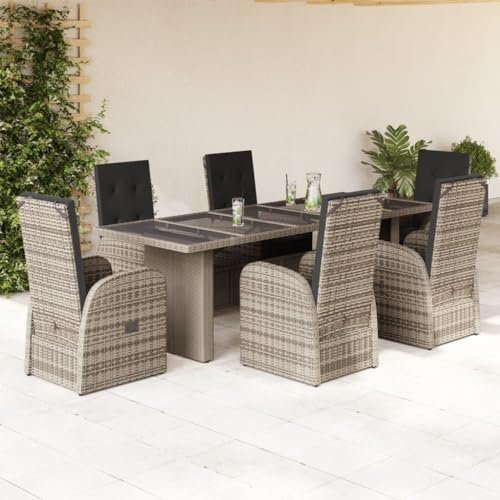 Homgoday Set da pranzo giardino 7 pezzi e cuscini in rattan sintetico grigio, sedia tavolo cucina esterno terrazza patio balcone mobili tipo 6