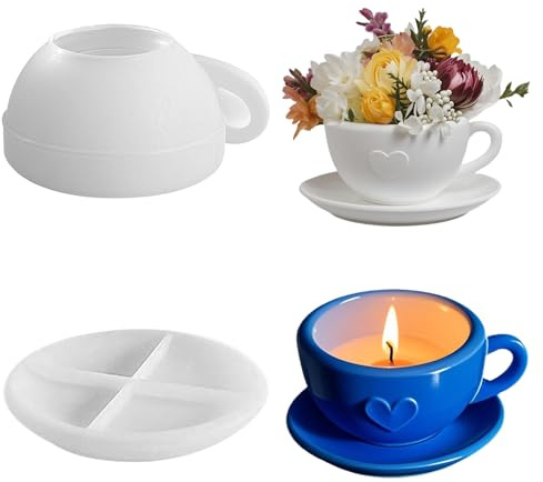 Silikonformen Gießformen Tasse,DIY Silikonform Tasse mit Untertasse,Gießformen Silikon Tassen,Epoxidharz Formen Silikon Gießform Kerzenhalter,Silikonform Blumentopf Gips zum Gießen Kaffeetasse Set