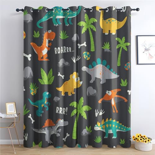 SZLYZM Dinosaurier Kinder Vorhänge, Verdunklungsvorhänge mit Muster Cartoon, Vorhang Blickdicht mit Ösen, Gardinen für Wohnzimmer Schlafzimmer Deko 2er Set - 220x140 (H X B)