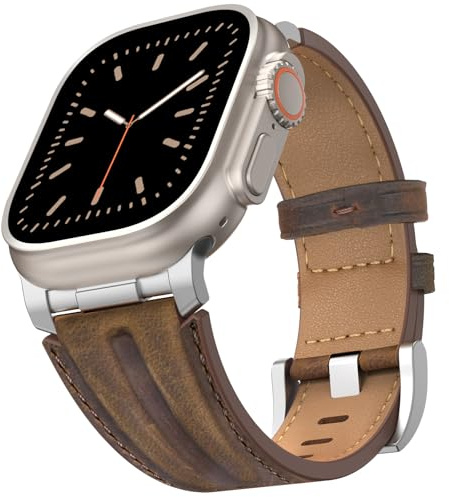 Bouixel Bracelet en cuir véritable grain supérieur, avec connecteur métallique, pour Apple Watch Ultra 3 (49 mm, 46 mm, 45 mm, 44 mm, 42 mm)/iWatch Ultra 2/1 Series 11, 10, 9, 8, 7, 6, 5, 4, 3 SE