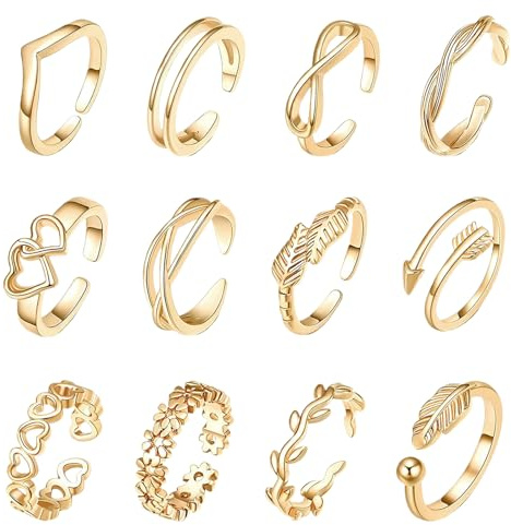 12 Pcs Gold Rings for Women Stacking Rings Jewellery Knuckle Rings Gold Boho Adjustable Open Filled Toe Rings Hawaiian Summer Beach Foot Jewelry Ladies Set for Graduation Birthday Little Treats