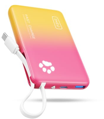 INIU Portable Charger, Slimmest 10000mAh Power Bank with Build in USB-C Cable, 20W PD Fast Charging USB C in&Out Battery Pack, External Phone Charger Pink yellow