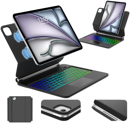Magic Keyboard für iPad Air 11 M4 2026/M3 2025/M2 2024, Pro 11/Air 5/4 Gen | 7 Farben Beleuchtung Hülle Tastatur Mit Multi Touch Trackpad und Magnetischer Ständer für Büro/Studie/Schreiben, Schwarz
