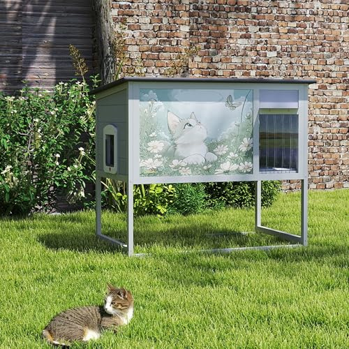 Outdoor Raised Wooden Cat House, Weatherproof Feral Cat Enclosure with Openable Roof, Curtained Door & Escape Door, Elevated Leg Frame Outdoor Pet Condo Shelter for Stray Cats Backyard Garden
