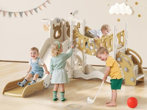Kinderrutsche, Kleinkindrutsche mit Weihnachtselchmotiv Kleinkinderrutsche mit Golfset, Babyrutsche, Spielplatzgerät, für den Innen- und Außenbereich freistehend Babyrutsche (Khaki-6-in-1- Active)