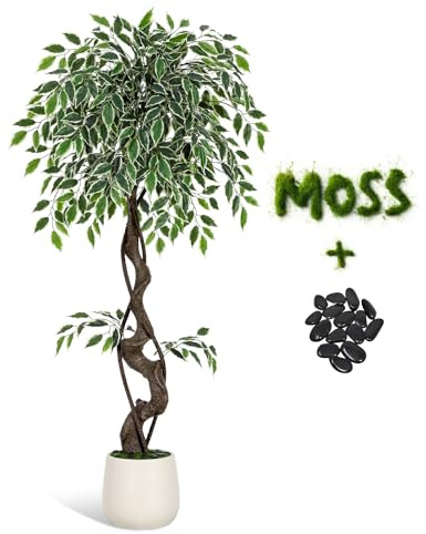 Litake Kunstpflanzen Künstlicher Ficus Baum 120 cm Große Grüne Birkenfeige im Weiß Topf Große Pflanzen im Topf für Indoor Haus Büro Garten Moderne Dekoration Housewarming Geschenk