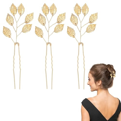 Épingles à Cheveux en Feuilles Dorées, 3 Pièces, Style U Accessoires de Coiffure pour Mariée