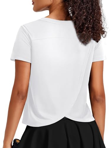 PINSPARK t-Shirt De Tennis pour Femme à Manches Courtes Sport d'Été Anti-UV Haut Léger Le Yoga Et Pilates Respirant Hauts Plein Air La Salle Course Pied Randonnée Vêtements Blanc Taille L
