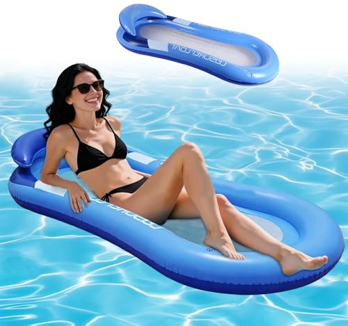 Uppblåsbar vattenhängmatta med nät, luftmadrass pool lounge soffa – simstol vuxen med nackstöd för pool, strand och sjö, stabil poolhängmatta 150 x 70 cm (blå)