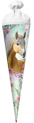 ROTH Schultüte 70 cm groß mit Motiv Pferd Bella – runde Zuckertüte zur Einschulung mit Filzverschluss und Stabiler Rot(h)-Spitze