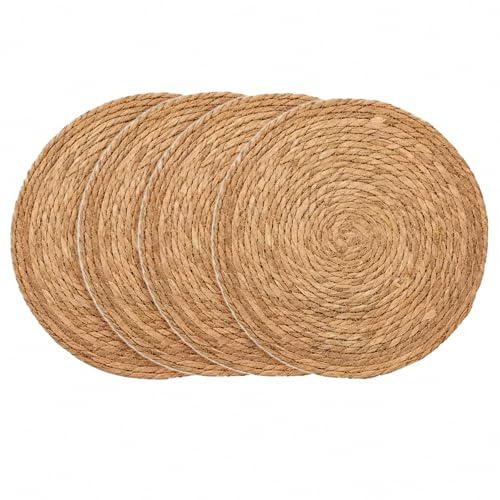 4 PCS Round Woven Placemats, 20cm Natural Handwoven Wicker Placemats, Heat Resistant Braided Straw Coaster Mats, Rustic Boho Style Round Table Mats for Kitchen Dining Home Party Decor