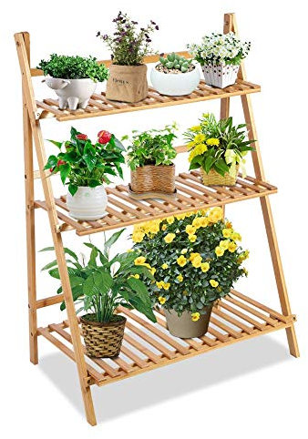 3 Ebenen Pflanzenleiter Klappbar Blumentreppe, Bambus-Blumenständer, Pflanzenregal, Gartenpflanzenleiter für Balkon, Wohnzimmer, Garten, Terrasse, 70 x 40 x 96 cm