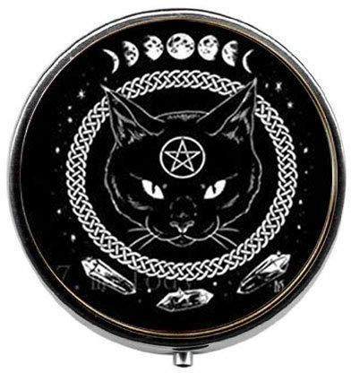 Boîte à pilules en verre avec pentagramme de chat noir