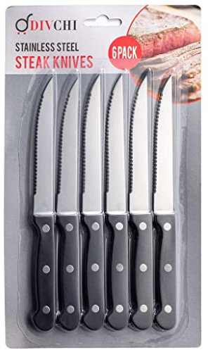 DIVCHI Steak Knives Set of 6 - Serrated Stainless Dinner Knives - Dishwasher Safe