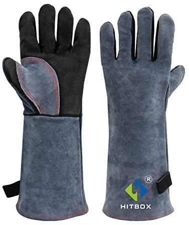 HITBOX Extreme Heat & Fire Resistant Gloves with Kevlar Stitching 16 ‘’ 932℉ Leather Fire Gloves for Arc Tig Mig Wood Stove Oven BBQ Grill Pot Holder Barking Animal Handling – Free Size for Men Women