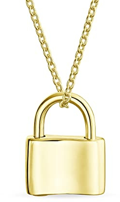 Personalized Script Initial Alphabet A-Z Monogram Plain Couples Sentimental Lock Pendant Charm Lovers Padlock Necklace For Women Teens Gold Plated .925 Sterling Silver Chain 16 Inch Customizable