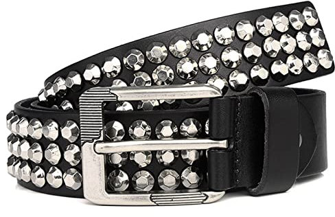 Punk Rock Nietengürtel 3 Reihe Metall Silber Nieten Gothic Leder Gürtel Geeignet Für Alle Kleidungsstücke 105Cm - 125Cm Länge Für Herren Damen Kürzbar,Schwarz,115cm/waist:38~40